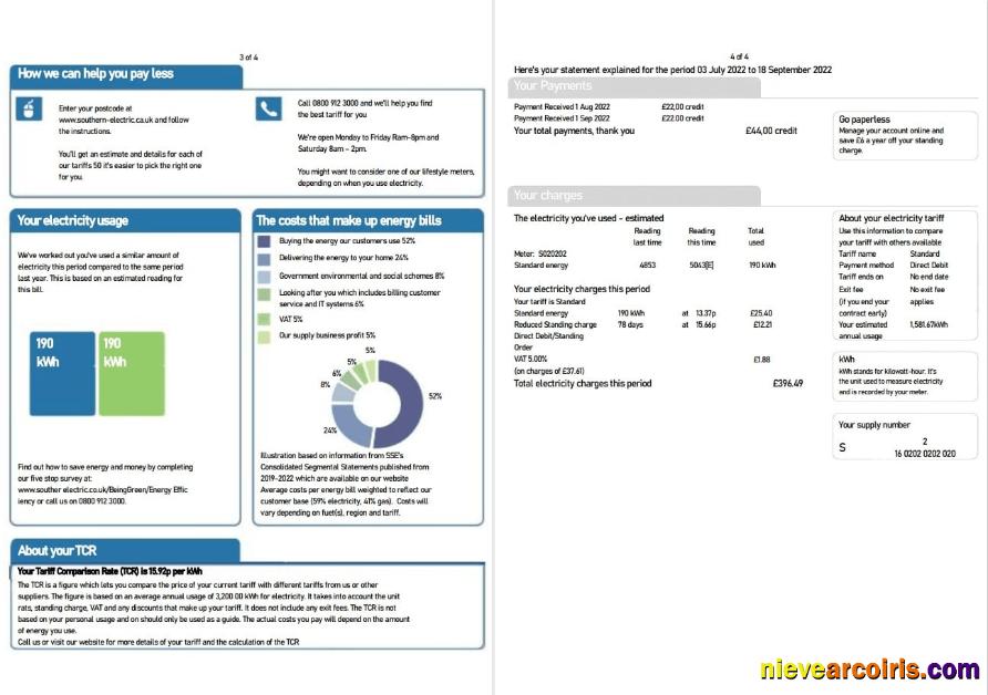 United Kingdom SSE Energy utility bill, 4 pages 3 4
